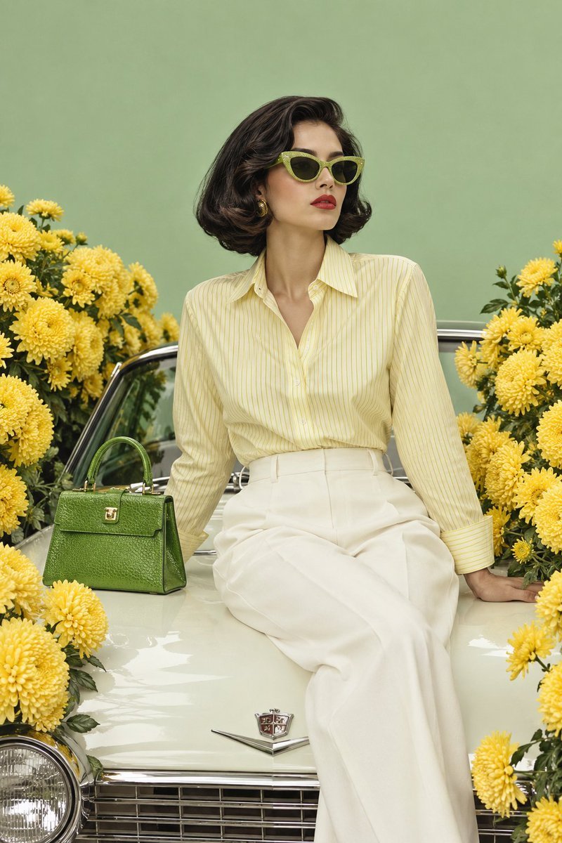 High-fashion editorial portrait of a young woman with a voluminous — AI photo prompt example