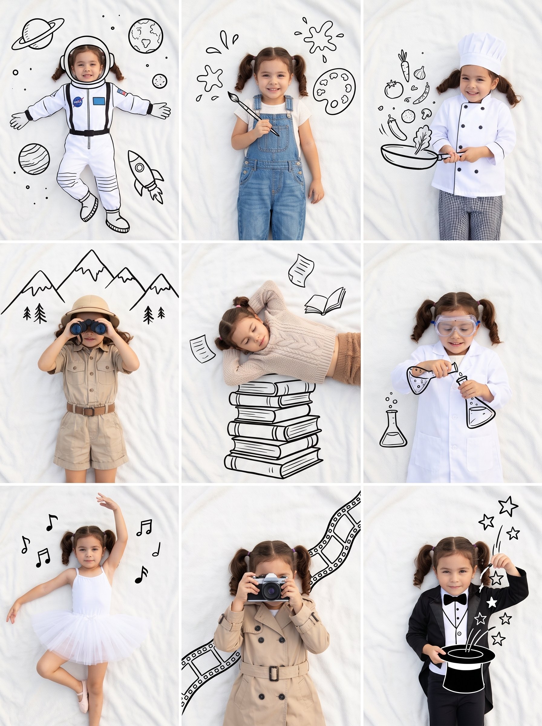 Professional 3×3 collage featuring the same beautiful young woman — AI photo prompt example