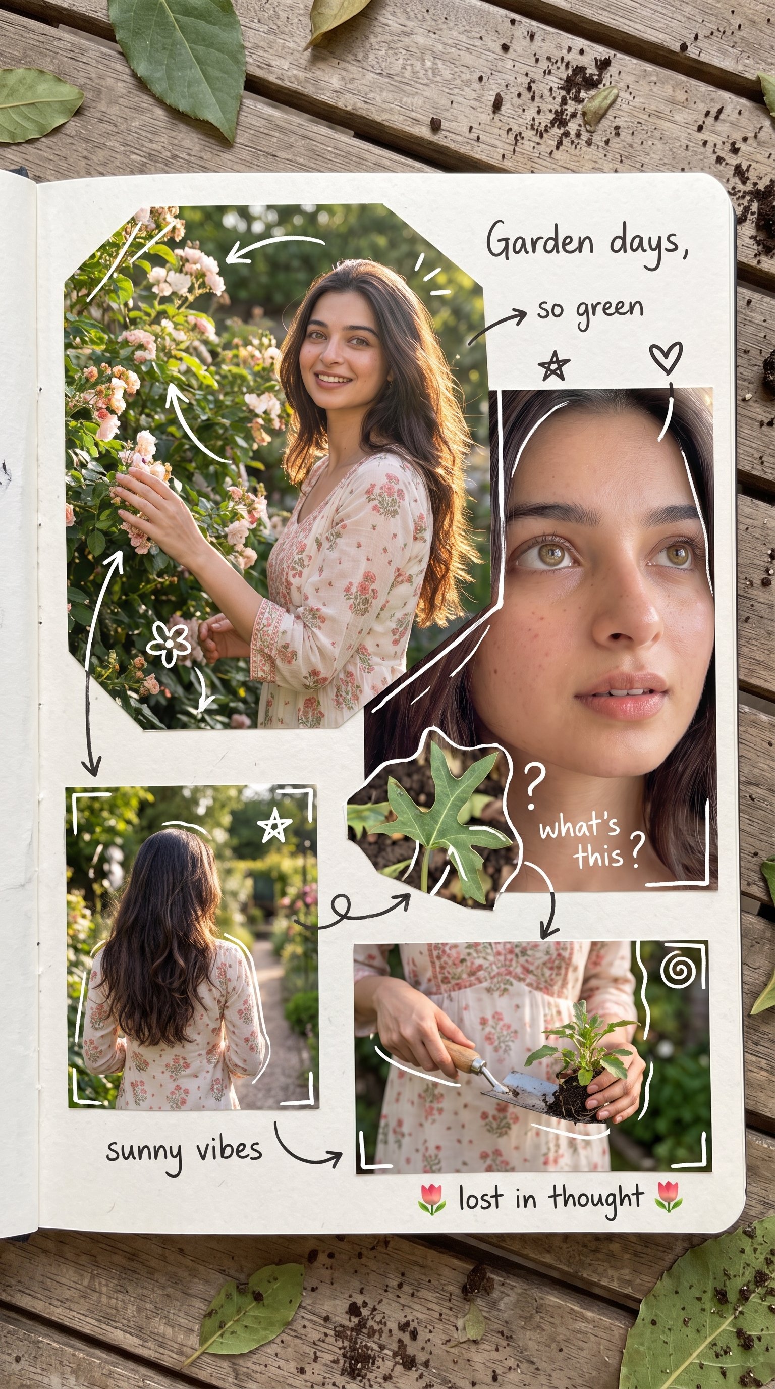 Real-life photo album collage around the garden, and break — AI photo prompt example