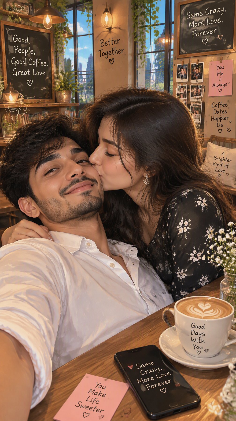 Create an ultra-detailed romantic couple illustration in a polished semi-realistic digital art style, inspired by modern AI photo prompt example