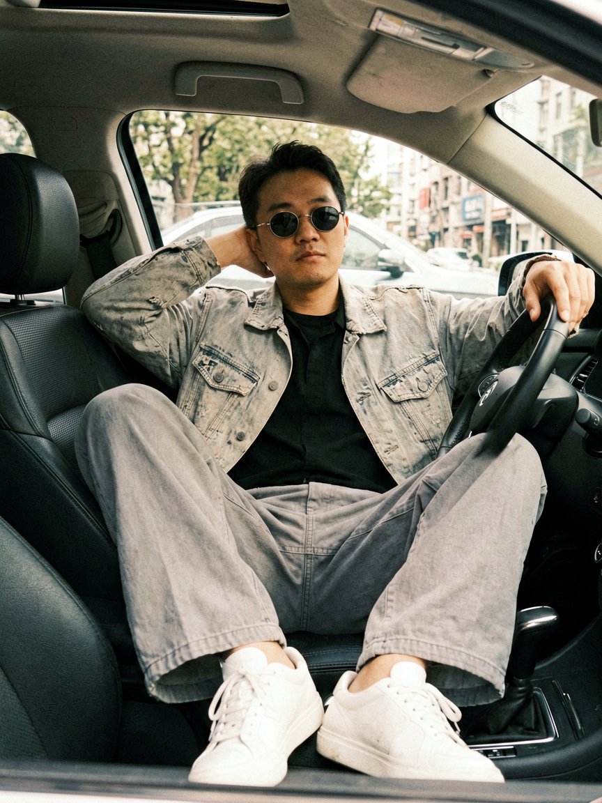 Create a hyper-realistic portrait of a man (man of the uploaded photo) sitting in the driver's seat of a car, wearing a AI photo prompt example