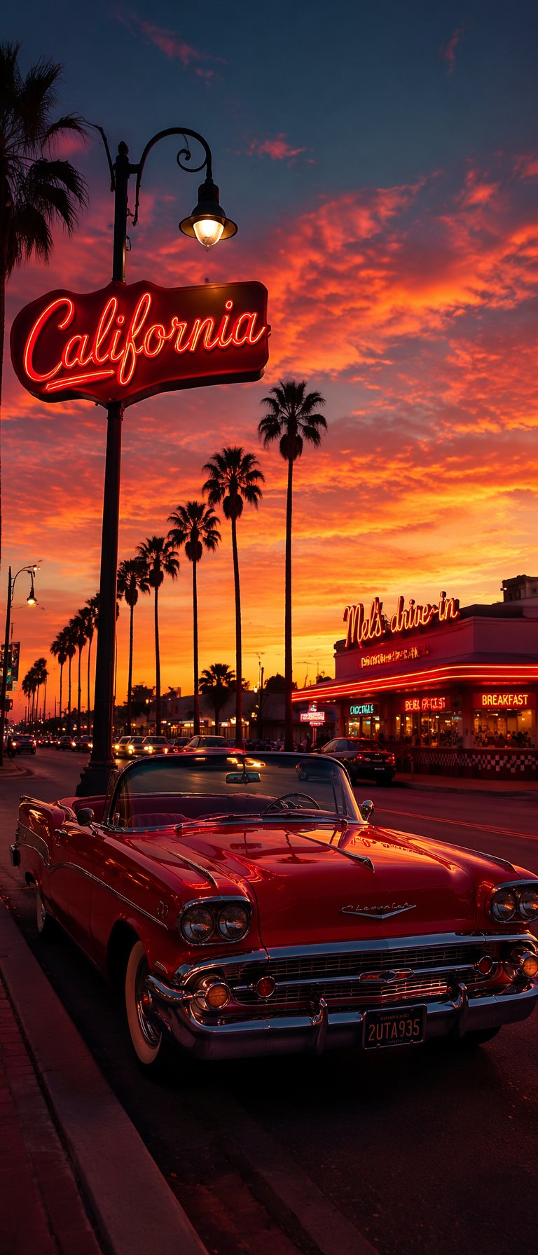Vertical retro American roadside photography, sunset dusk, a glossy red vintage Chevrolet convertible classic car parked AI photo prompt example