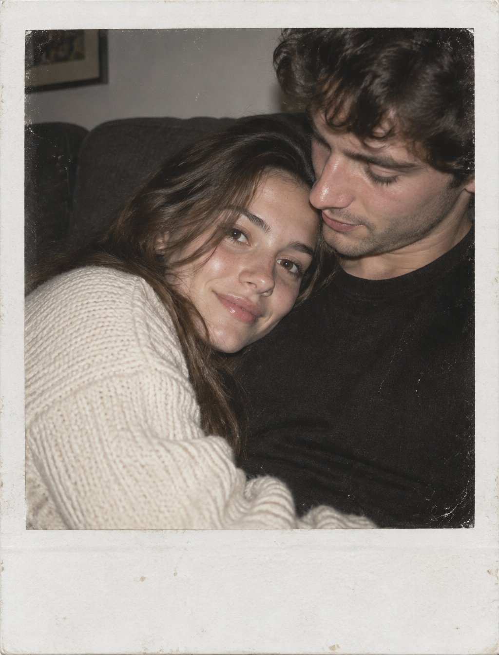 A close, intimate instant-film portrait captures a young couple reclining together, the woman leaning into the man’s che AI photo prompt example