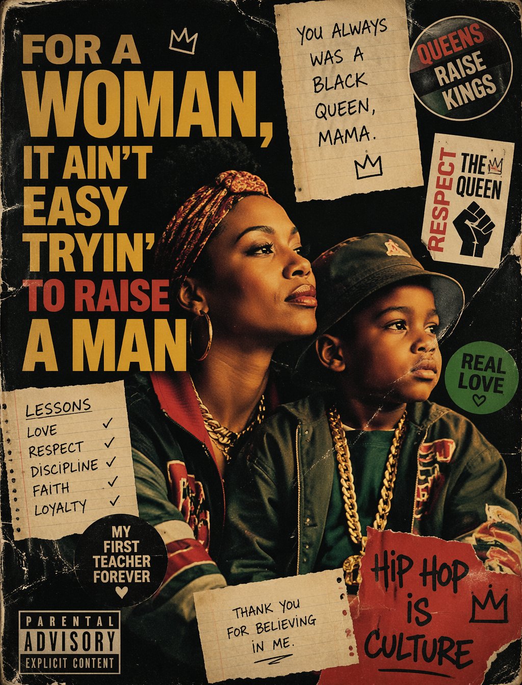 I finally understand For a woman, it aint easy tryin to raise a man — AI photo prompt example