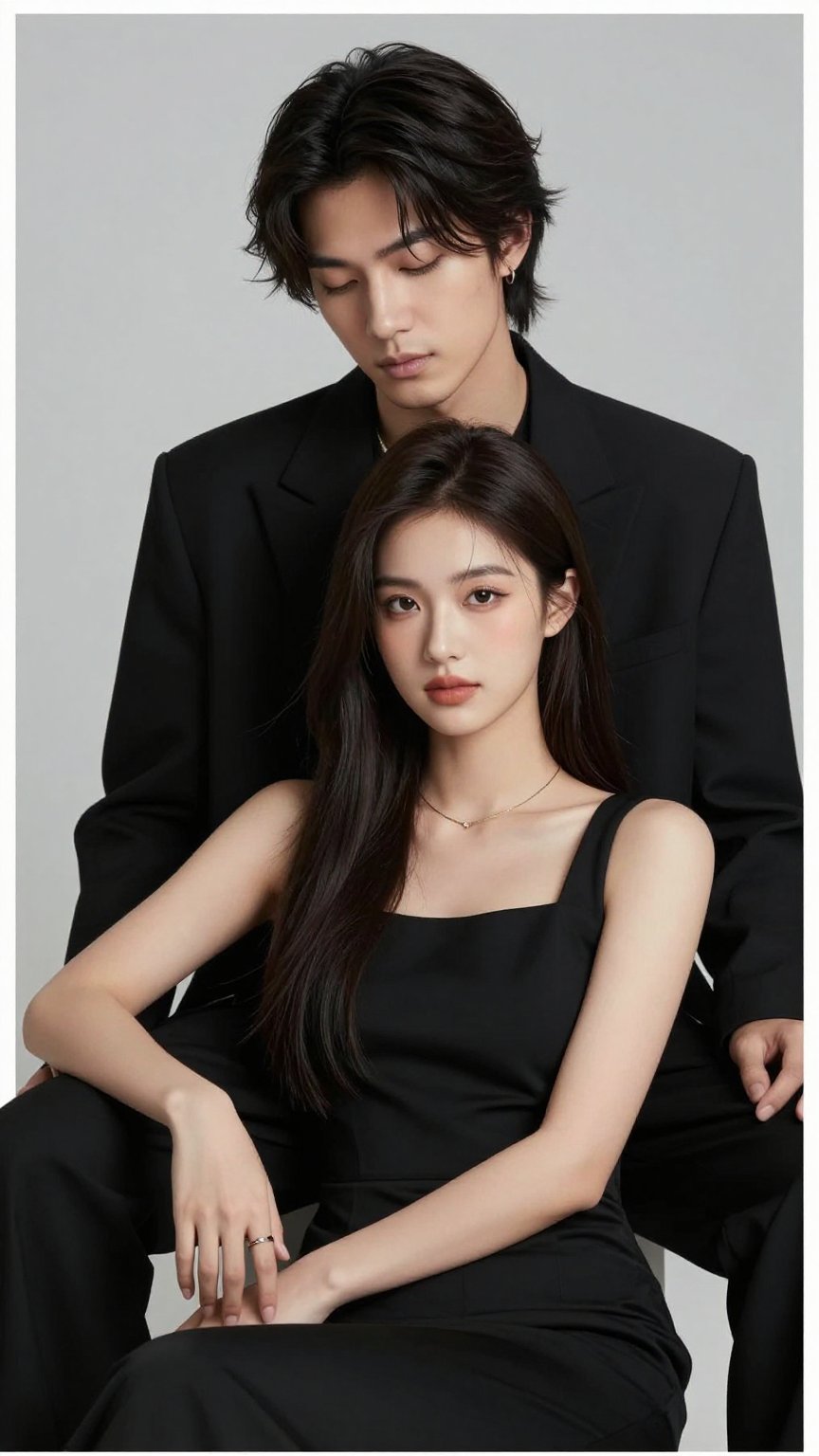 Create an ultra-realistic high-end studio editorial portrait of a young adult East Asian couple dressed entirely in blac AI photo prompt example