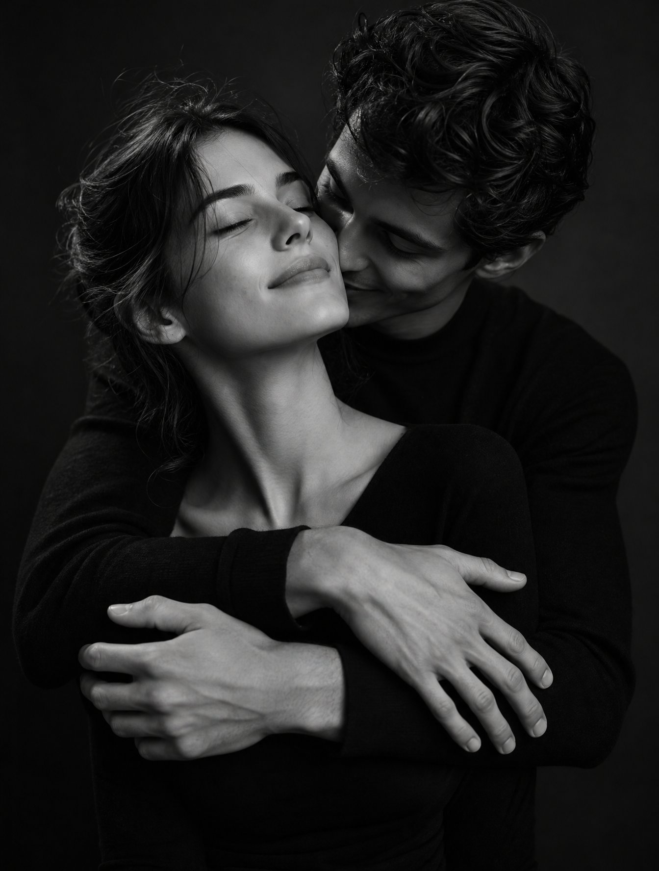 Create a black-and-white studio portrait of a couple in an intimate pose, in the style of fine art. The couple is not me AI photo prompt example