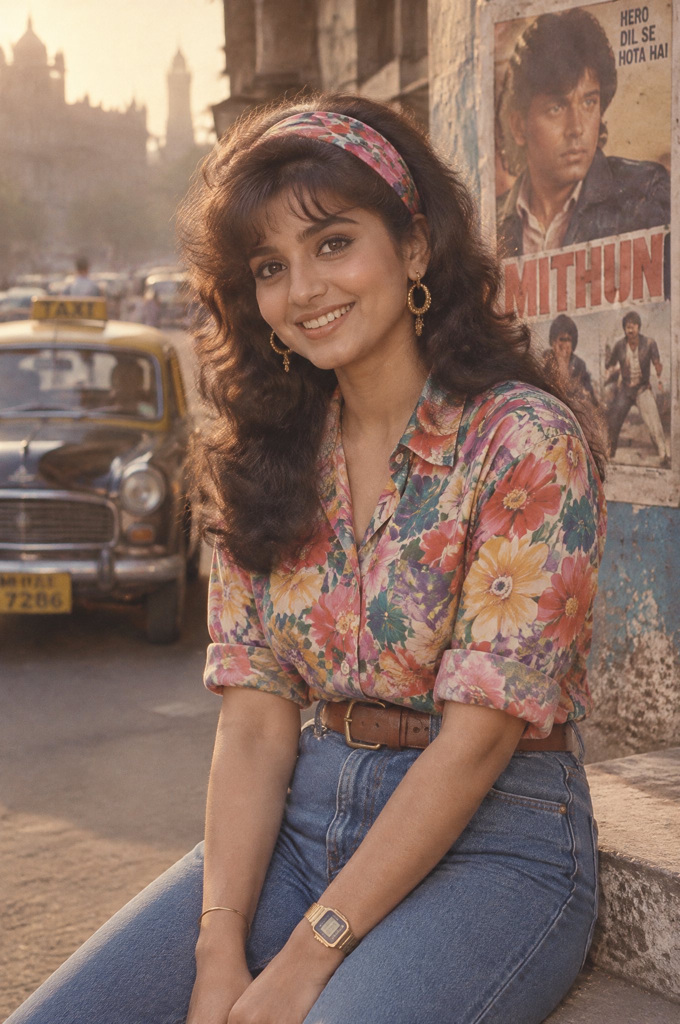 A retro 1980s Bollywood-style portrait of a young Indian woman smiling brightly outdoors on a vintage city street. She h AI photo prompt example