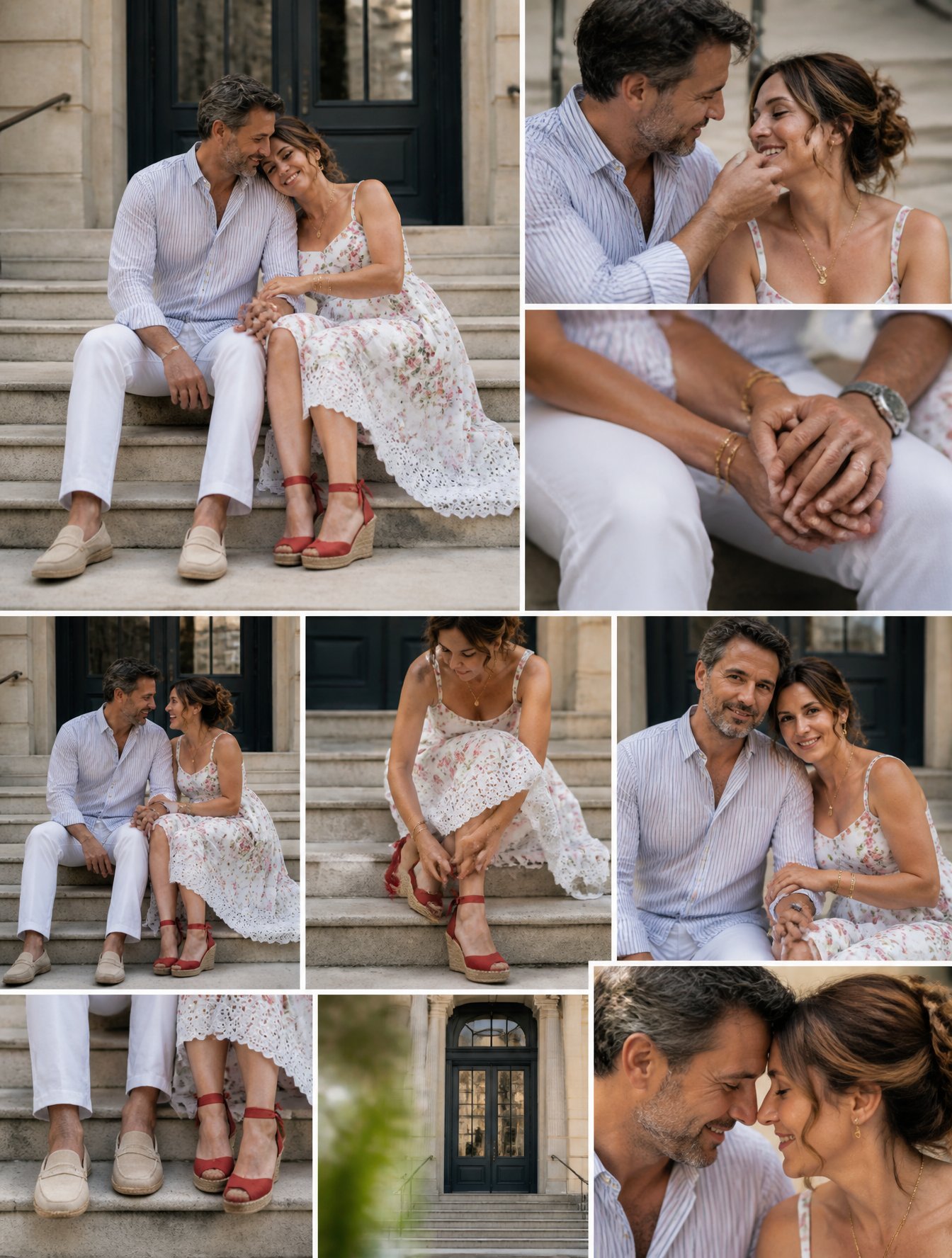 On a quiet afternoon, a relaxed, romantic moment unfolds on the steps of a classical building: the man in a light stripe AI photo prompt example