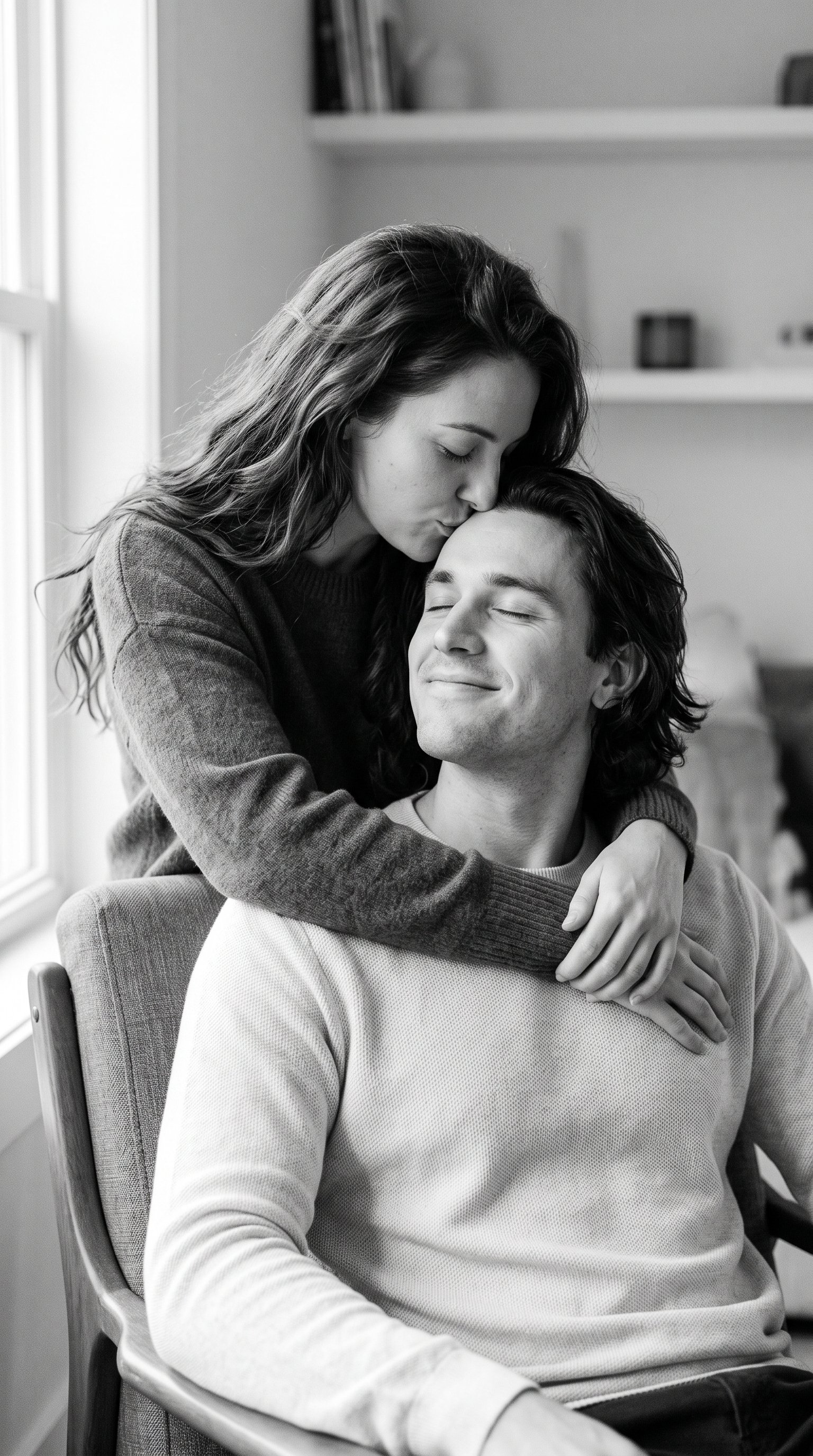 Create a gentle, intimate black-and-white portrait of a couple in a close embrace. The woman, with long dark flowing hai AI photo prompt example