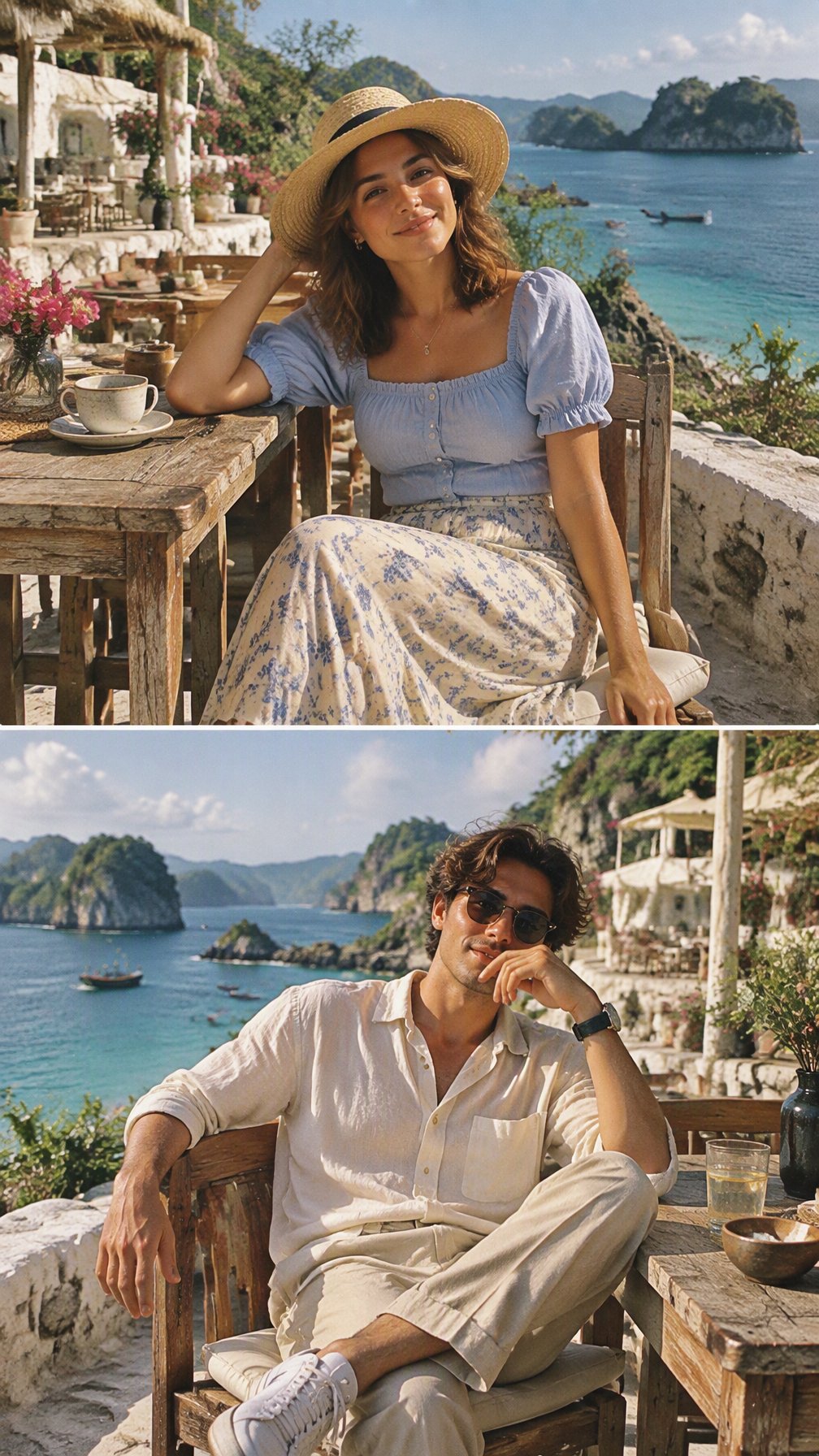 Create a photorealistic late-1990s summer travel editorial as a matched two-image diptych: two distinct portrait AI photo prompt example