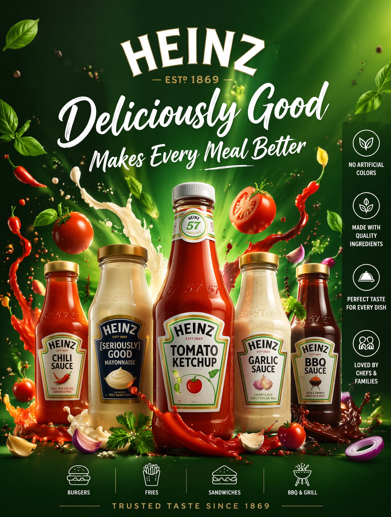 Ultra-premium Heinz commercial advertising poster, luxury condiment AI photo prompt example