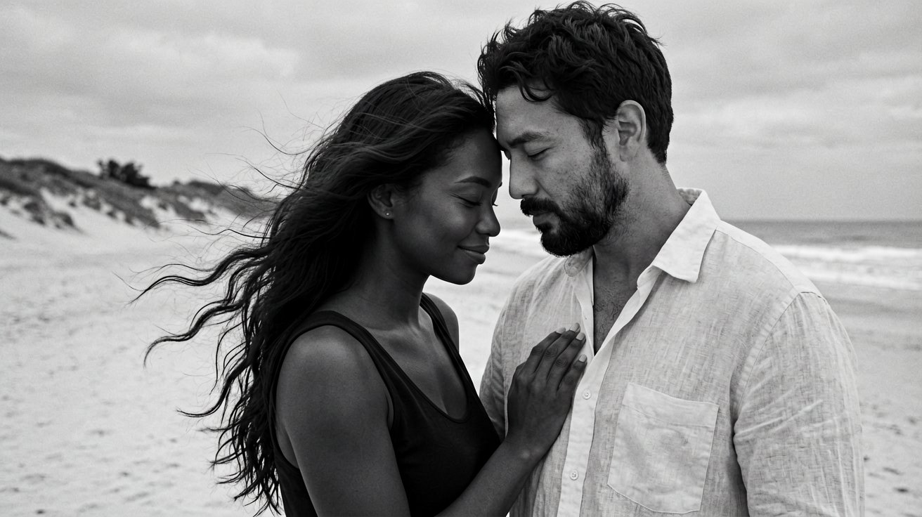 Create a highly photorealistic black-and-white cinematic portrait of an affectionate adult couple standing closely toget AI photo prompt example