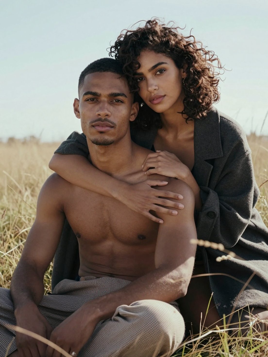 Create a vertical 3:4 ultra-realistic intimate lifestyle portrait of a young adult couple seated closely together in a s AI photo prompt example