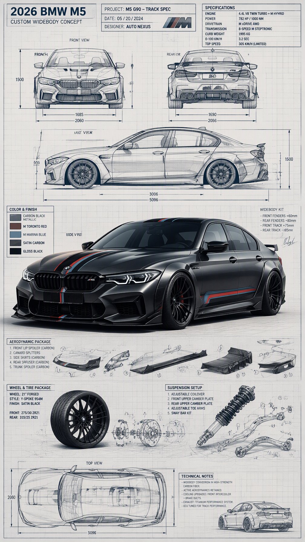 Highly detailed technical blueprint sketch and realistic 3D–render fusion of a custom modified car 2026 BMW M5. AI photo prompt example