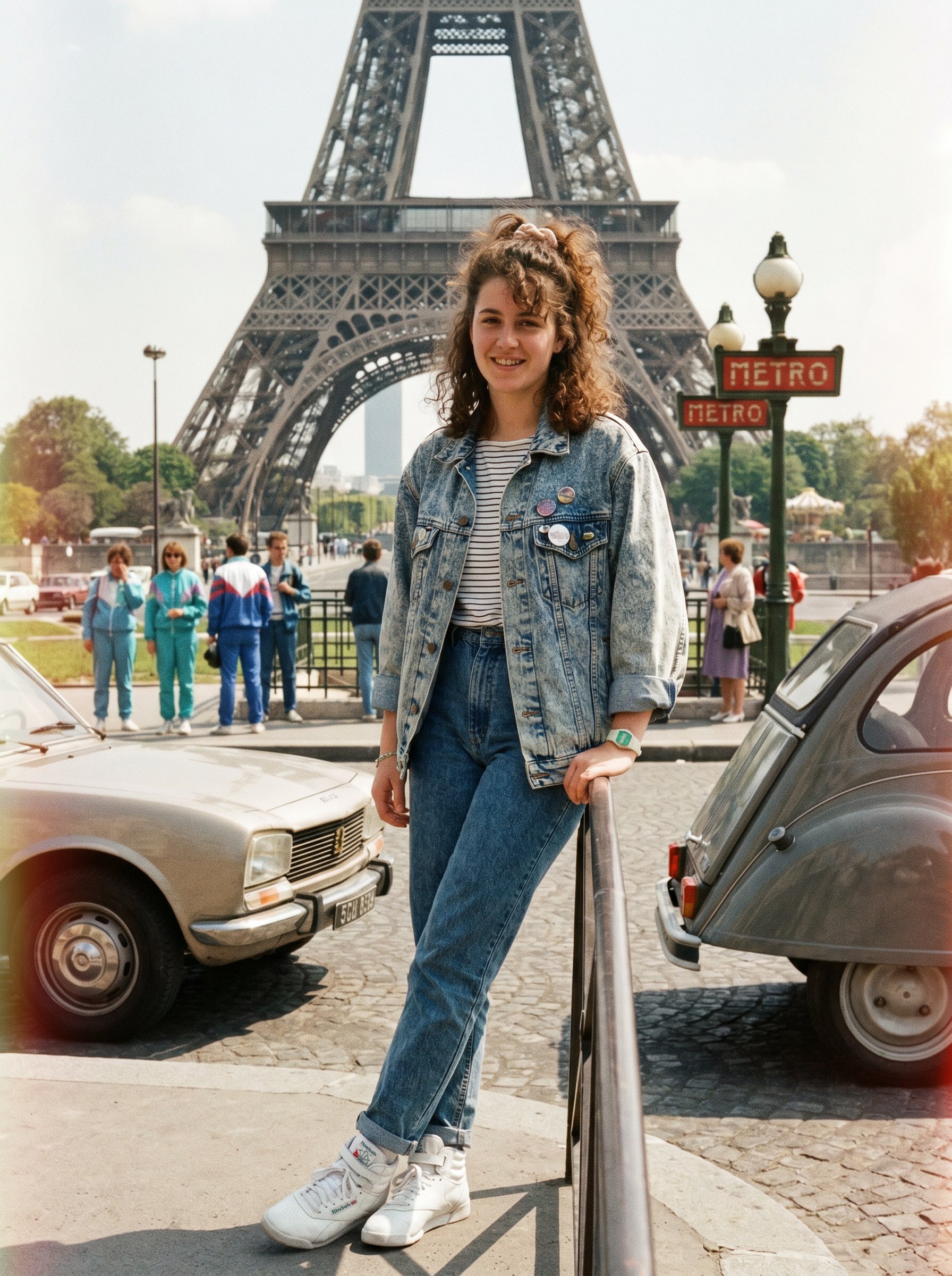Highly realistic scene set in the 1980s in front of the Eiffel — AI photo prompt example