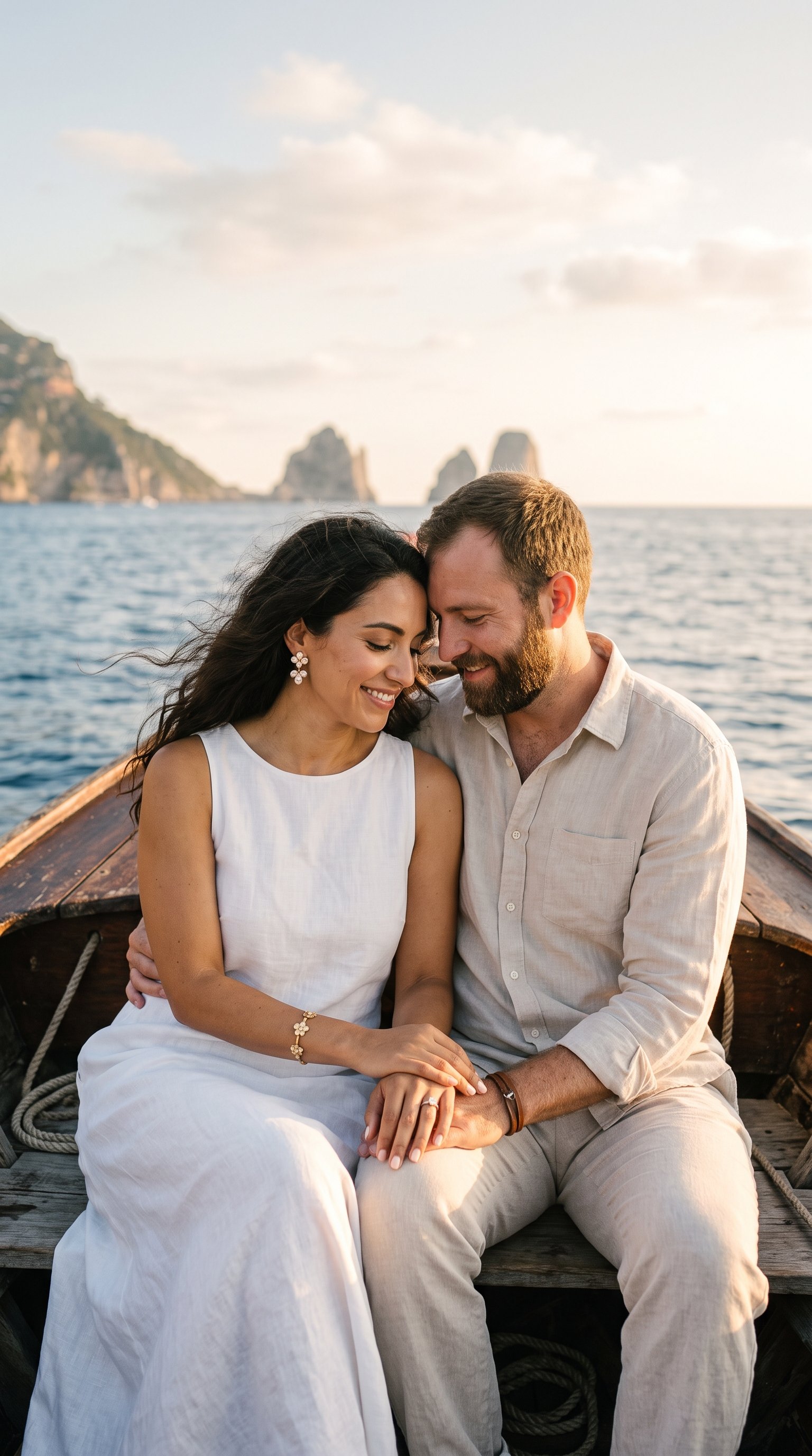 Photorealistic vertical portrait of an intimate couple seated in the bow of a wooden boat at sea during golden hour, thr AI photo prompt example
