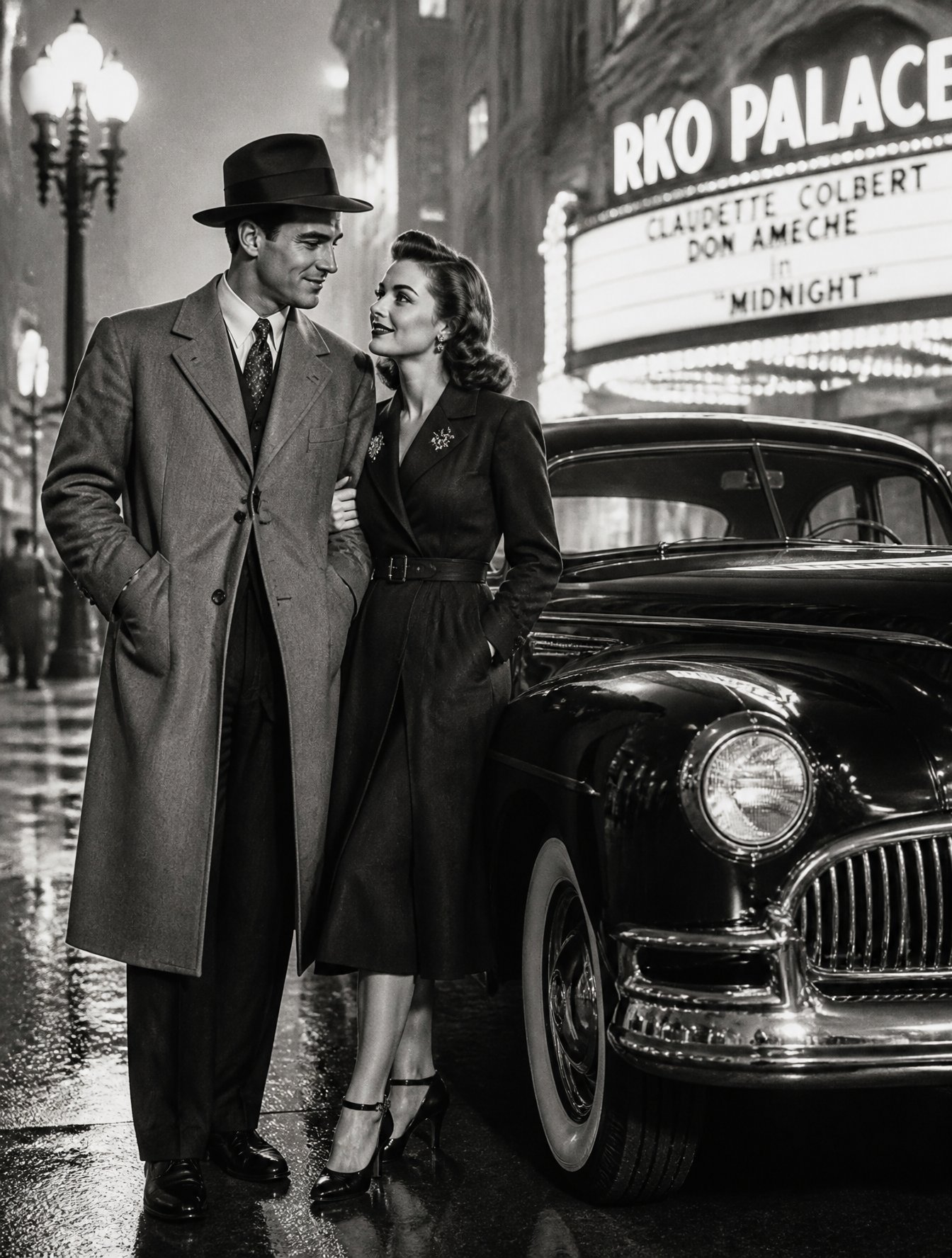 Create a 4K vertical illustration of a couple dressed in classic 1940s formal attire, next to a gleaming car from the sa AI photo prompt example