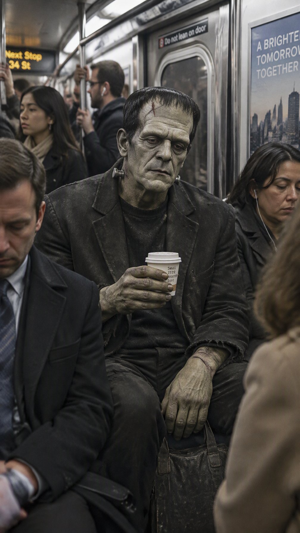 Cinematic, candid 35mm photo of Frankensteins monster sitting — AI photo prompt example