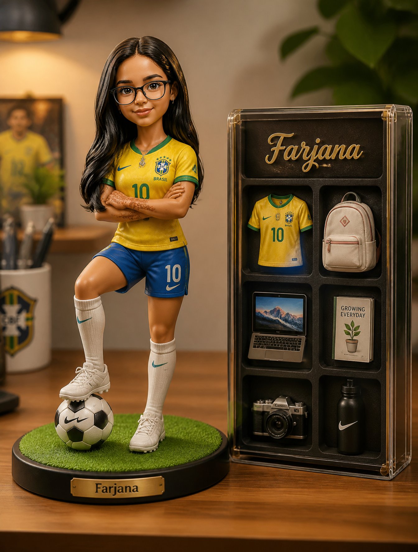 Premium 3D collectible figurine of a stylized semi-realistic — AI photo prompt example