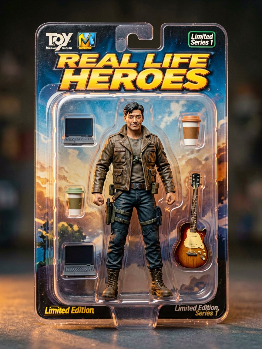 3D action figure of the person in this photo, displayed in retail AI photo prompt example