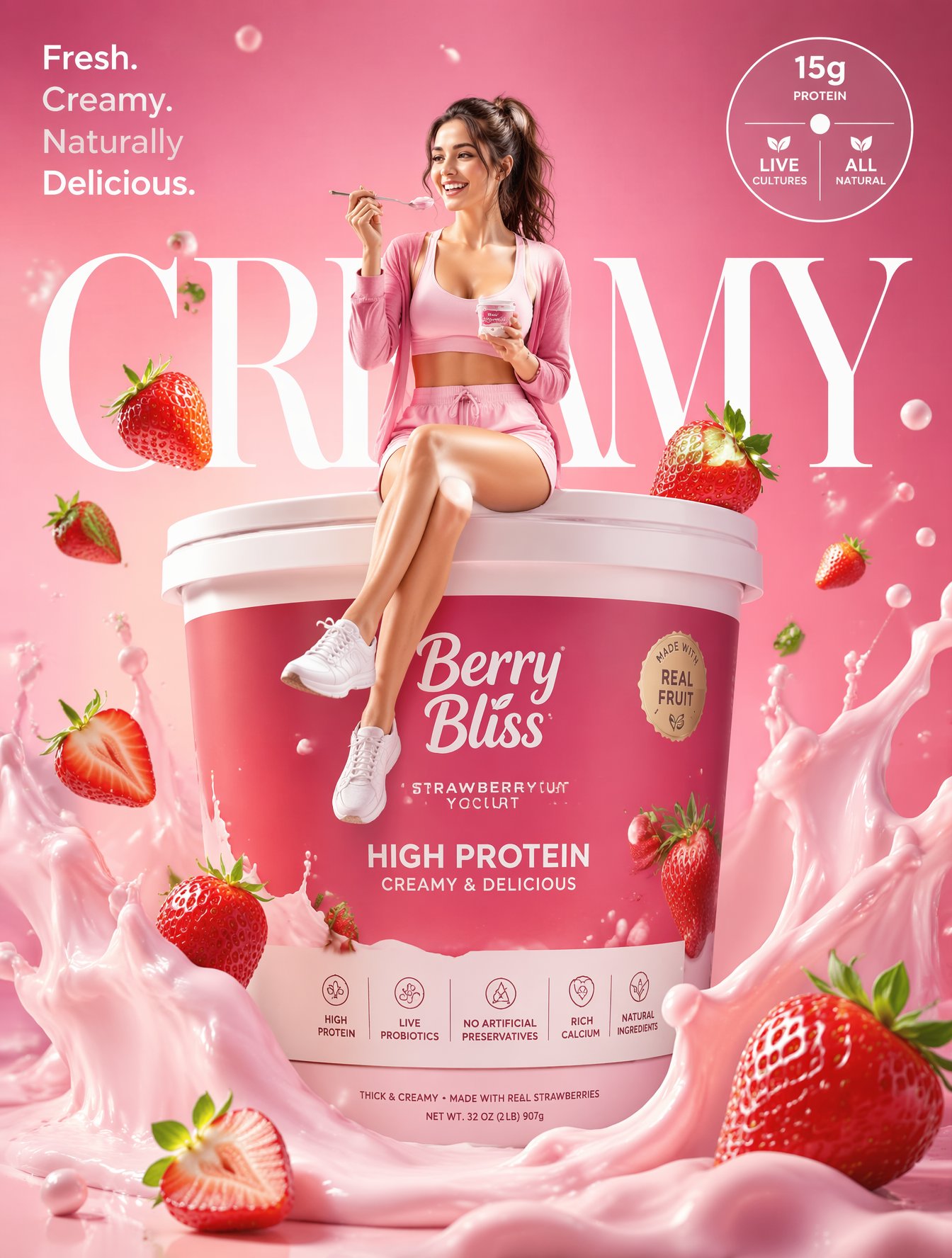 Ultra-premium yogurt commercial advertising poster, luxury dairy — AI photo prompt example