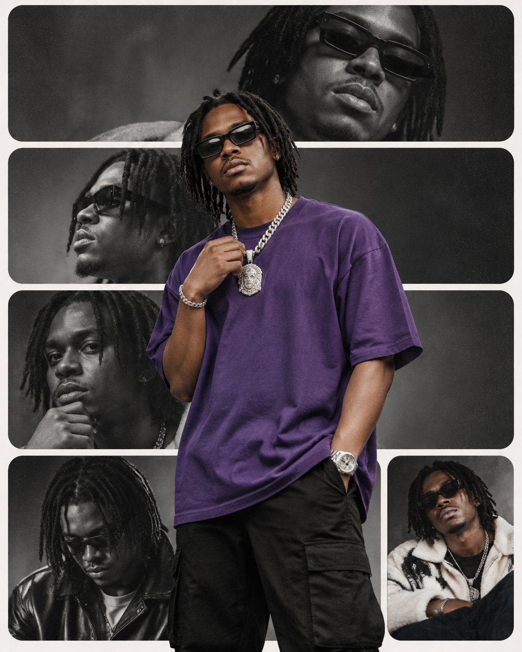 Create a premium hip-hop artist collage poster in a modern editorial magazine style. The main subject stands centered AI photo prompt example