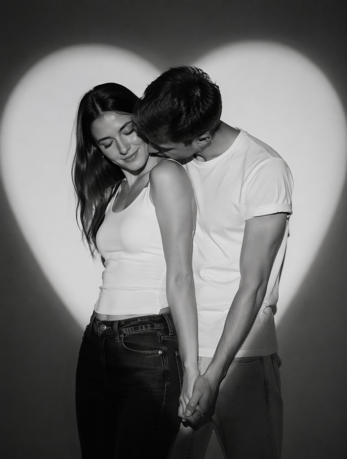 Create a romantic black-and-white studio portrait of a real skinny, not medium weighed, couple standing in front of a wa AI photo prompt example