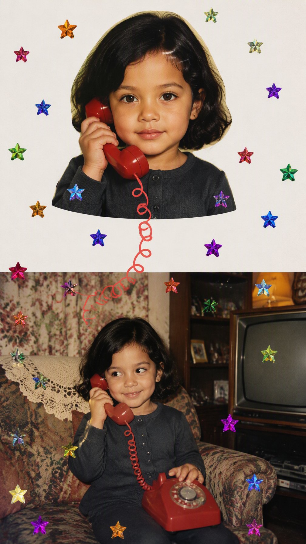 A nostalgic 1980s–1990s Western childhood photo recreation composite in vertical format, split into two connected AI photo prompt example