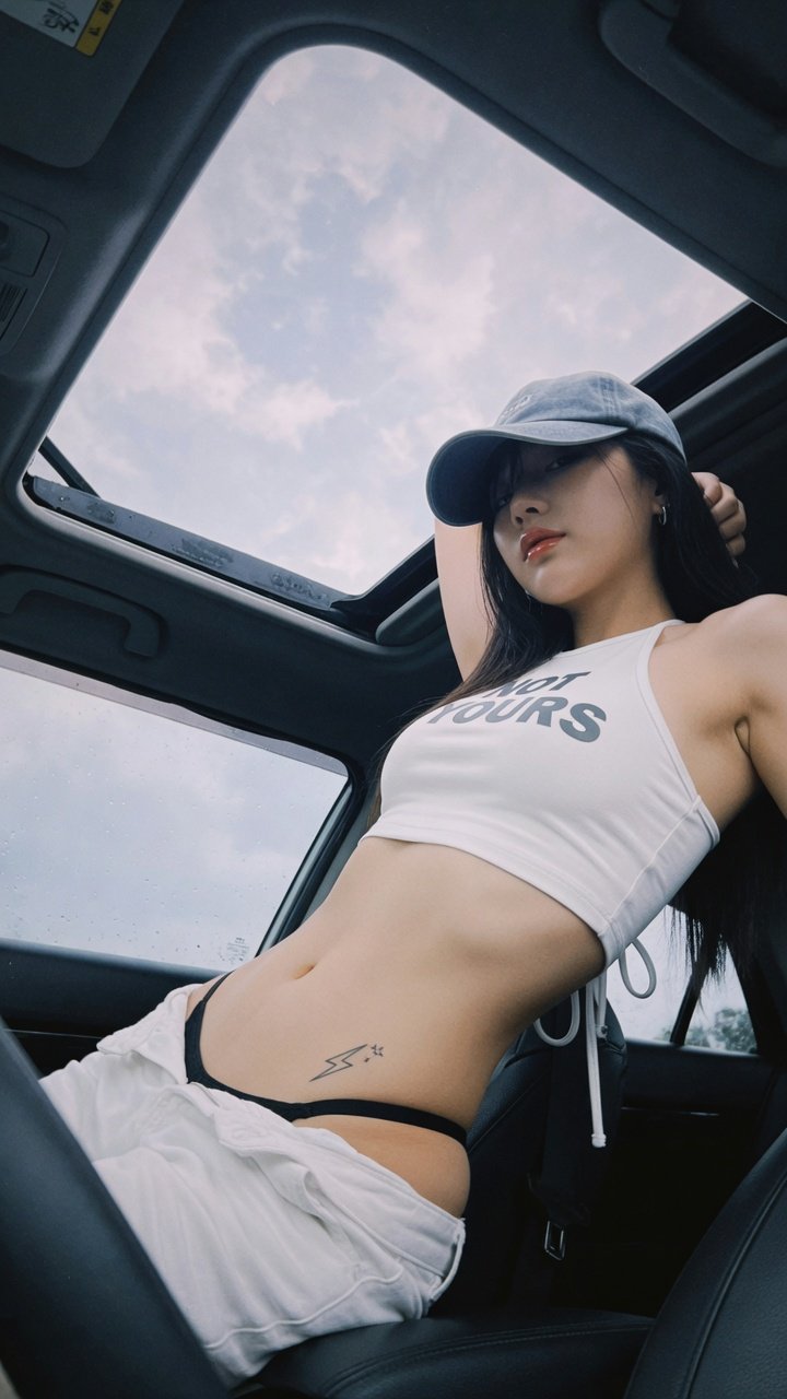 Vertical low-angle candid photo inside car, cool tone film texture — AI photo prompt example