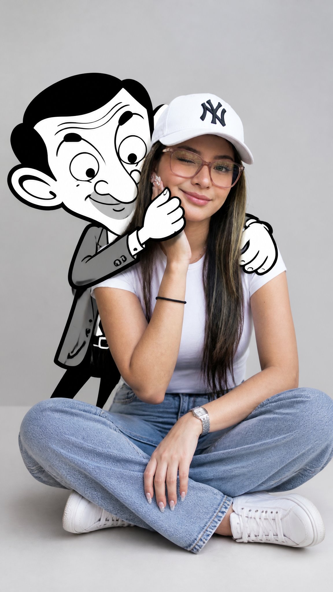 A cute minimalist portrait of a young woman ( same face, hair and clothes as the uploaded image 100%) sitting casually o AI photo prompt example