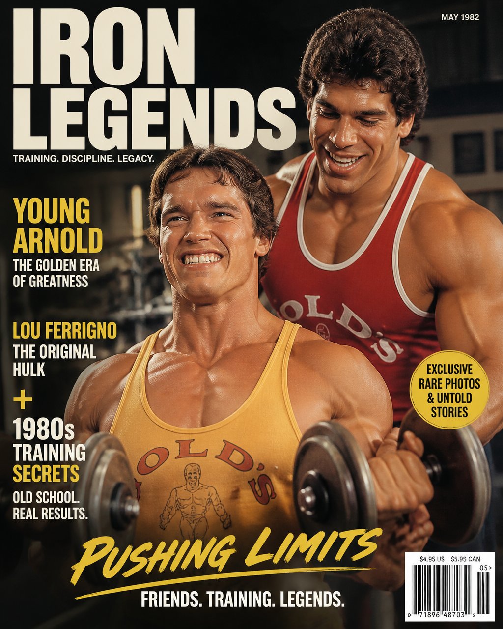 Young Arnold in golden training . Behind him young Lou Ferrigno ist helping him . 1980s funny playful atmosphere poster AI photo prompt example
