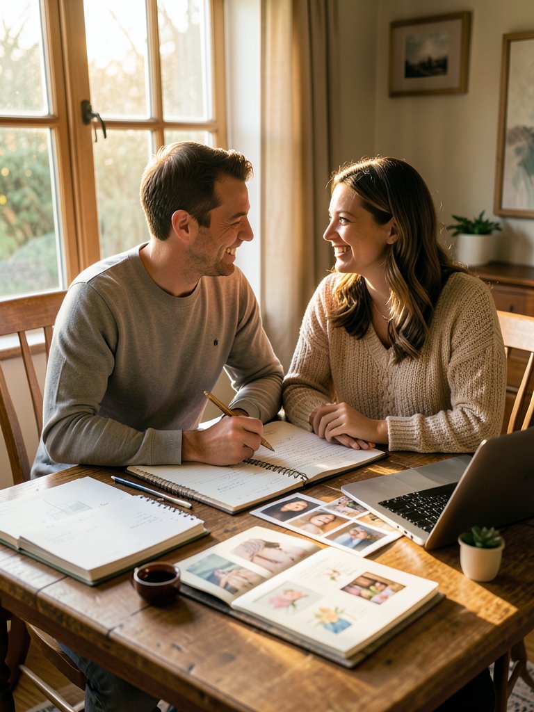 Cinematic, highly realistic 8k photo of a happy engaged couple sitting at a wooden table covered with wedding planning n AI photo prompt example