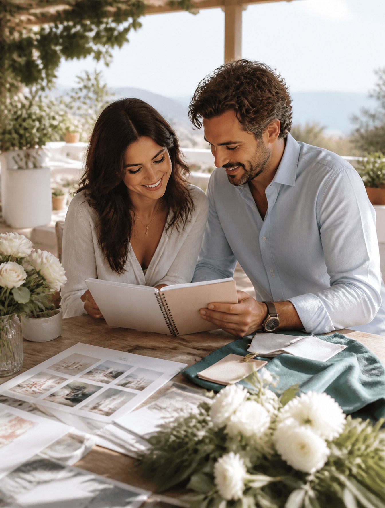 Cinematic, highly realistic 8k photo of a happy engaged couple reviewing a wedding planning notebook and mood board toge AI photo prompt example