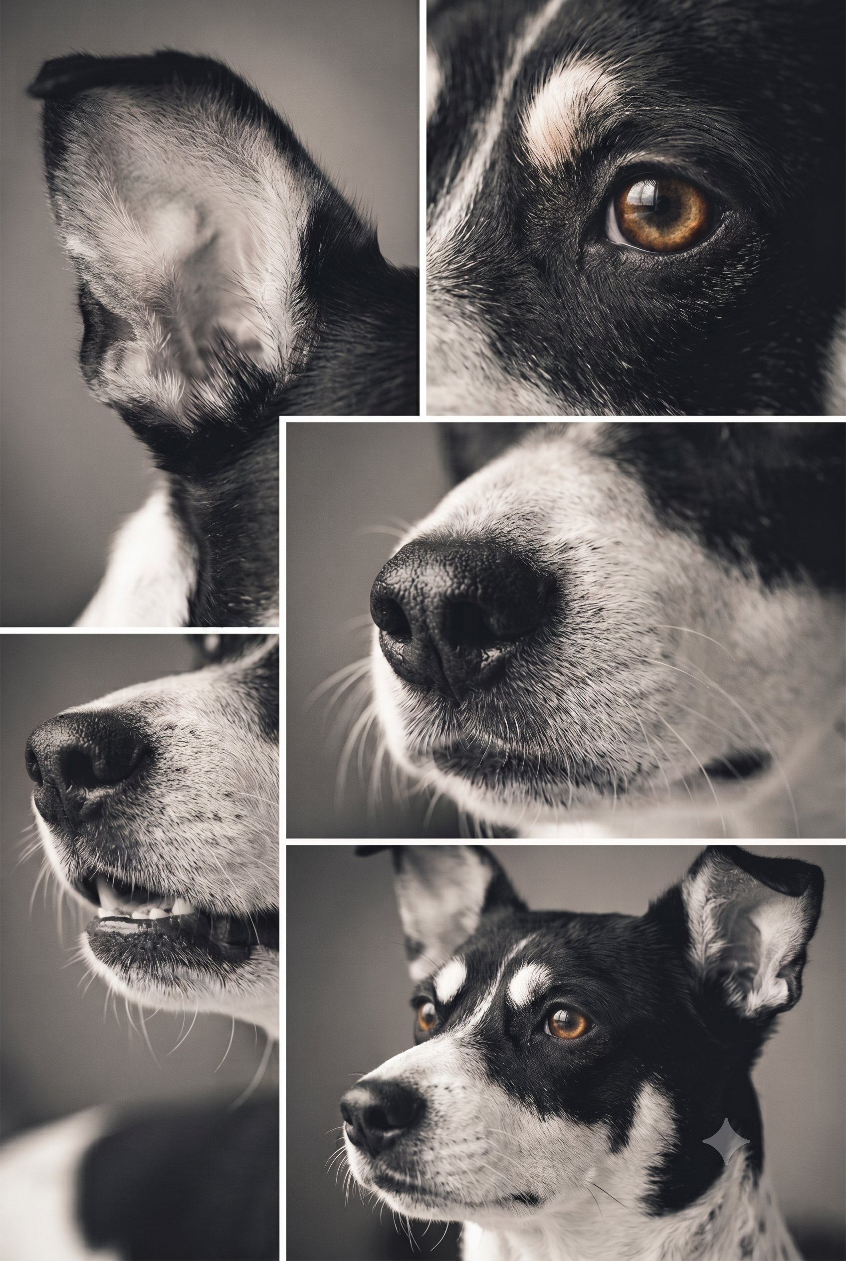 Crea un retrato editorial vertical en formato collage de mi mascota, conservando exactamente su identidad, raza, color d AI photo prompt example